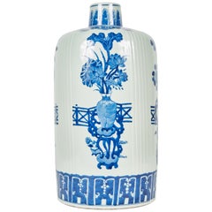 Vintage Large Chinese Blue and White Porcelain Fluted Jar