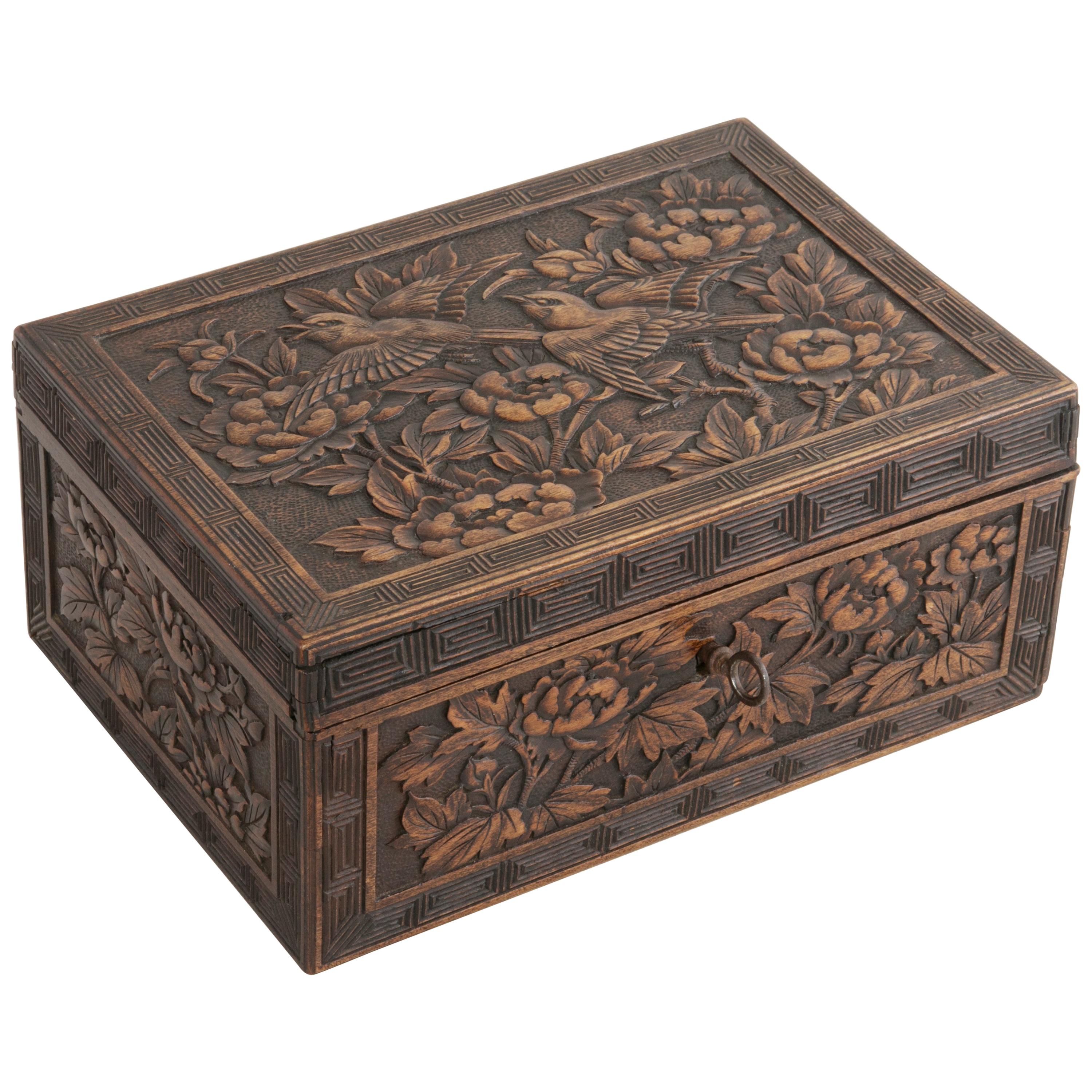 Late 19th Century French Hand Carved Black Forest Box with Birds