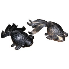 Fine Pair Japanese "Gold Fish" Hand Cast Bronzes Bulging Eyes and Graceful Tails