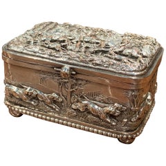 19th Century French Silver Plated on Copper Jewelry Box with Repoussé Hunt Motif