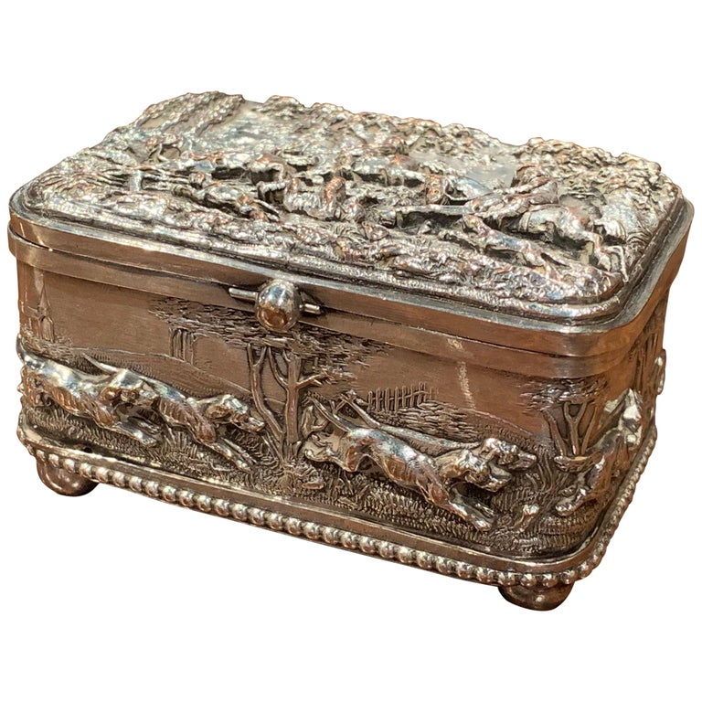 19th Century French Silver Plated on Copper Jewelry Box with Repoussé Hunt  Motif at 1stDibs | copper jewellery box