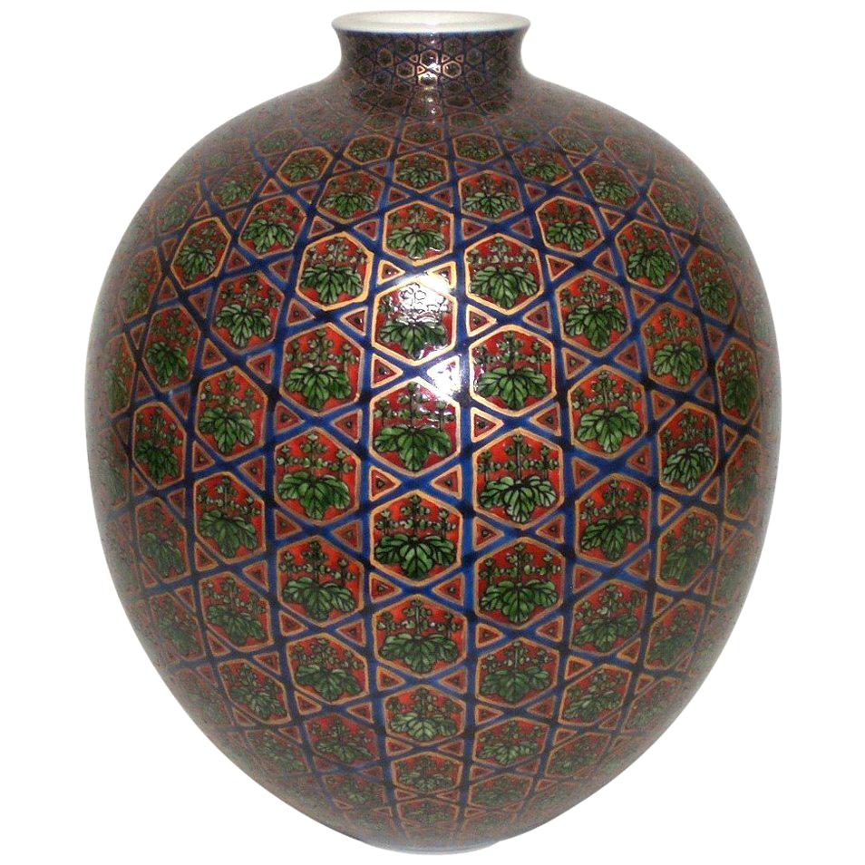 Red Green Gold Porcelain Vase by Contemporary Japanese Master Artist For Sale