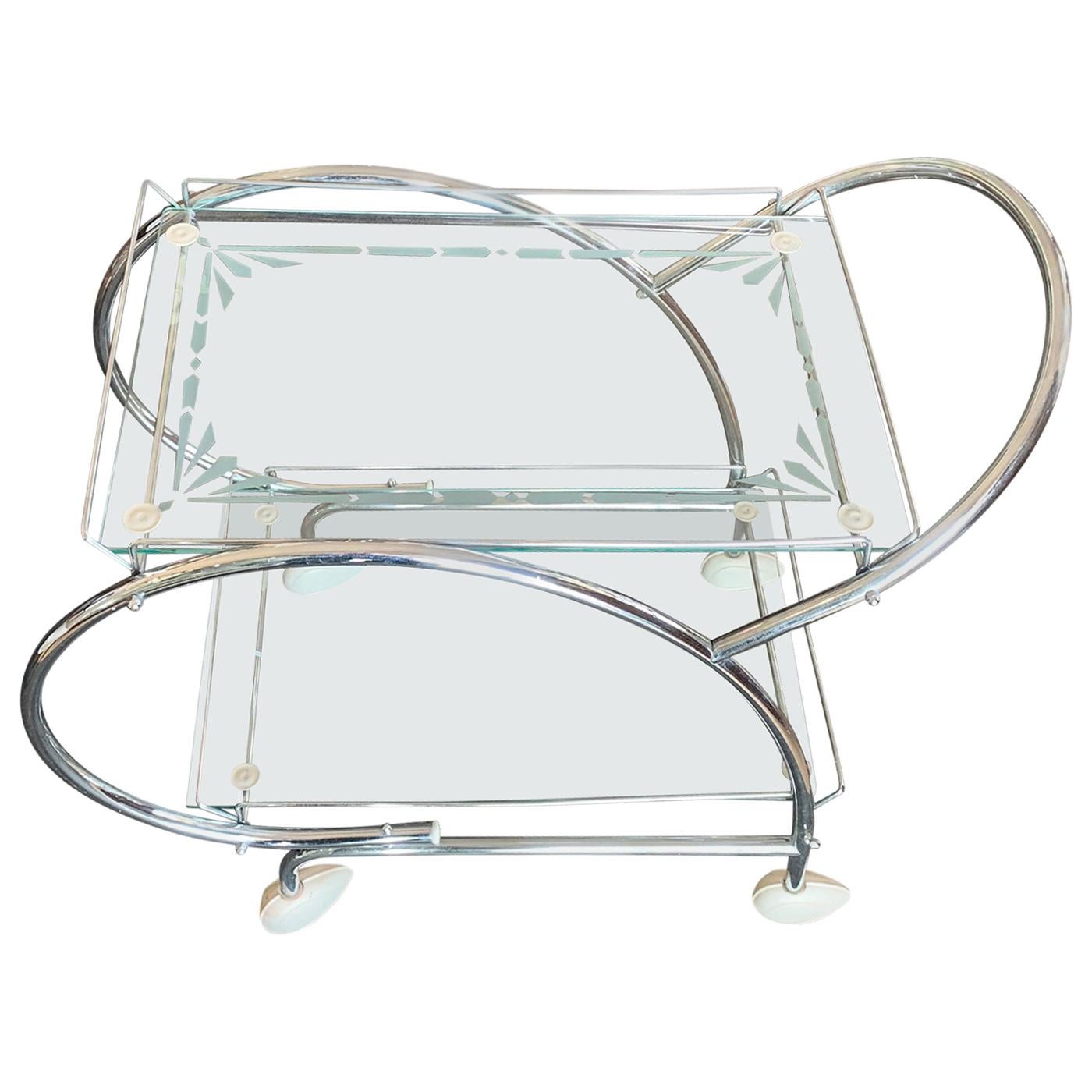 Art Deco Australian Chrome and Etched Glass Bar Cart Auto Trolley