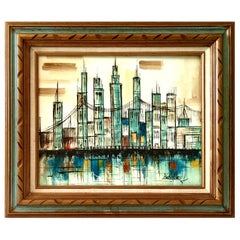 Mid-Century Modern Original Oil on Canvas "Cityscape" Painting by, Hadley