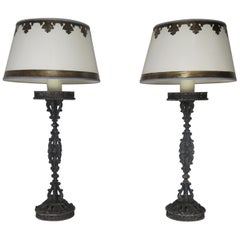 Cast Iron Spanish Candlestick Lamps with Custom Parchment Shades, Pair