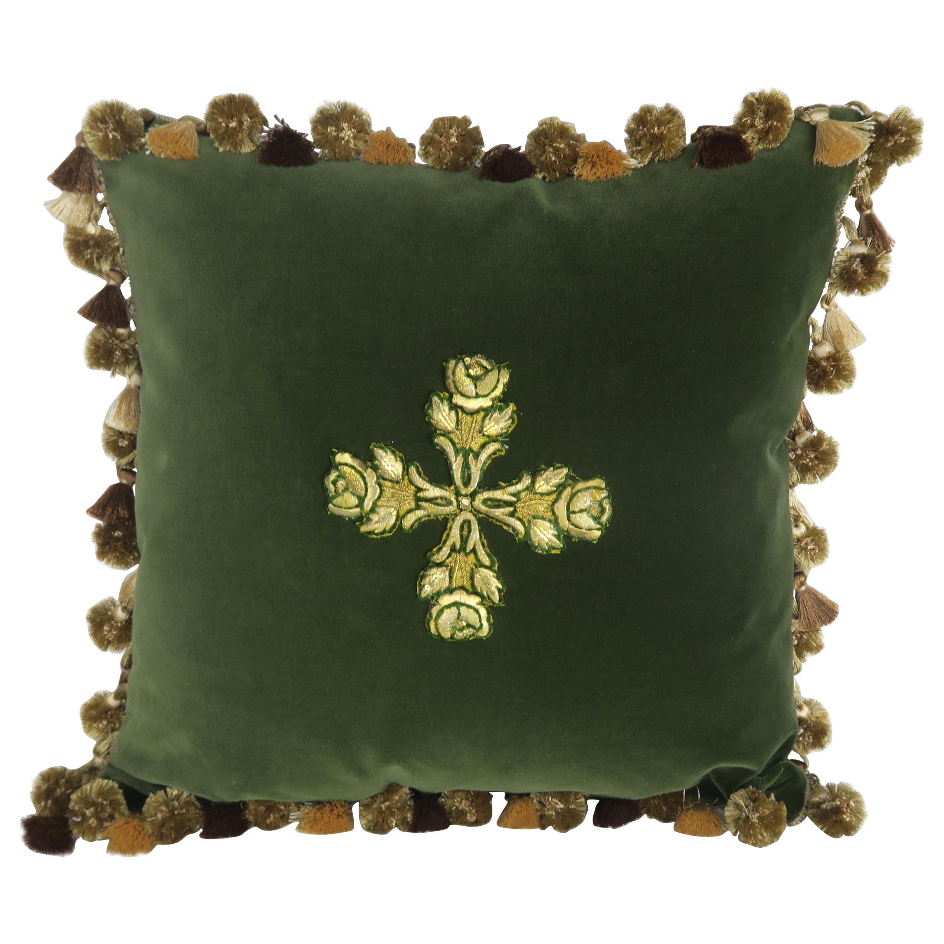 19th Century Appliqued Green Velvet Pillows by Melissa Levinson