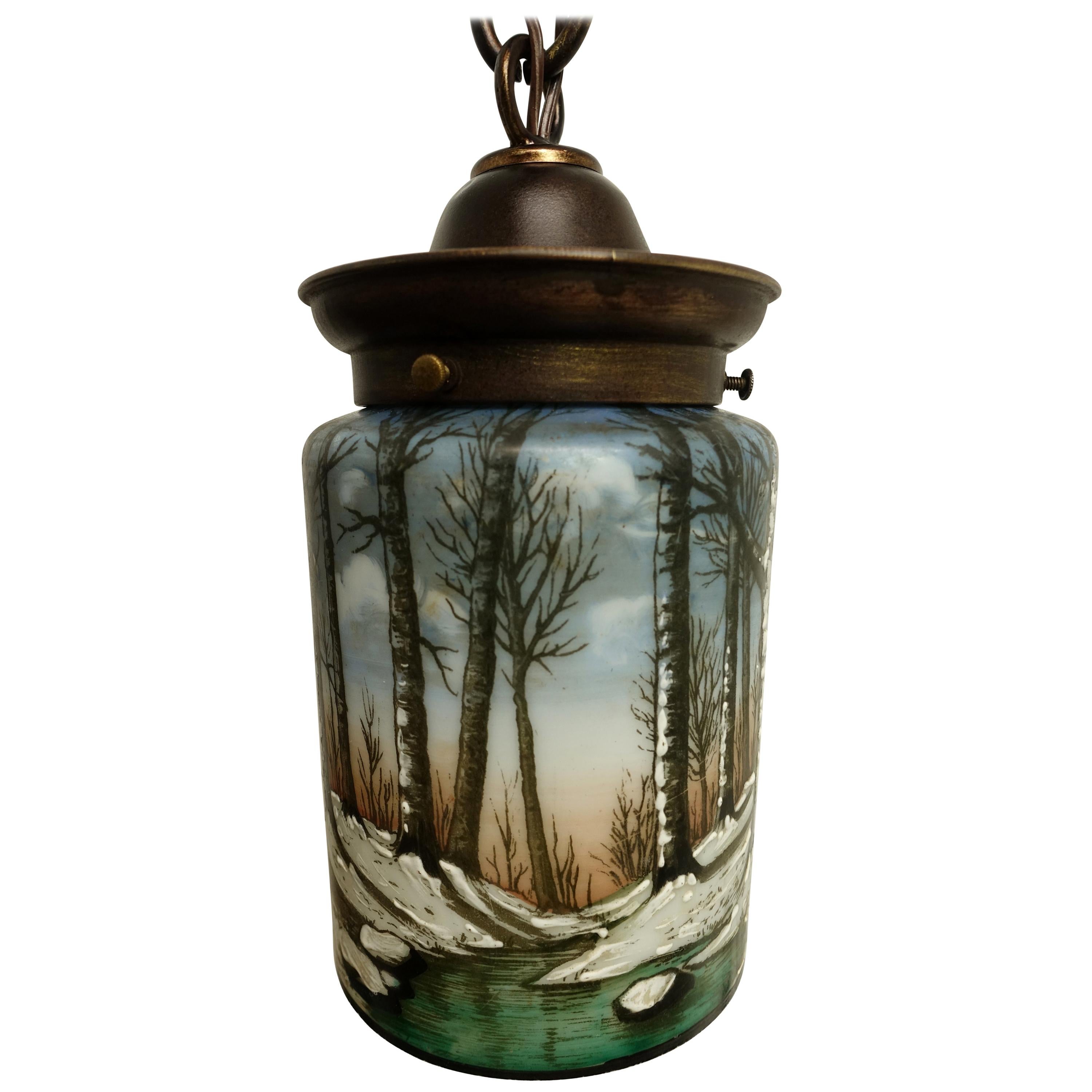 American Arts & Crafts Enameled Glass Hanging Lantern