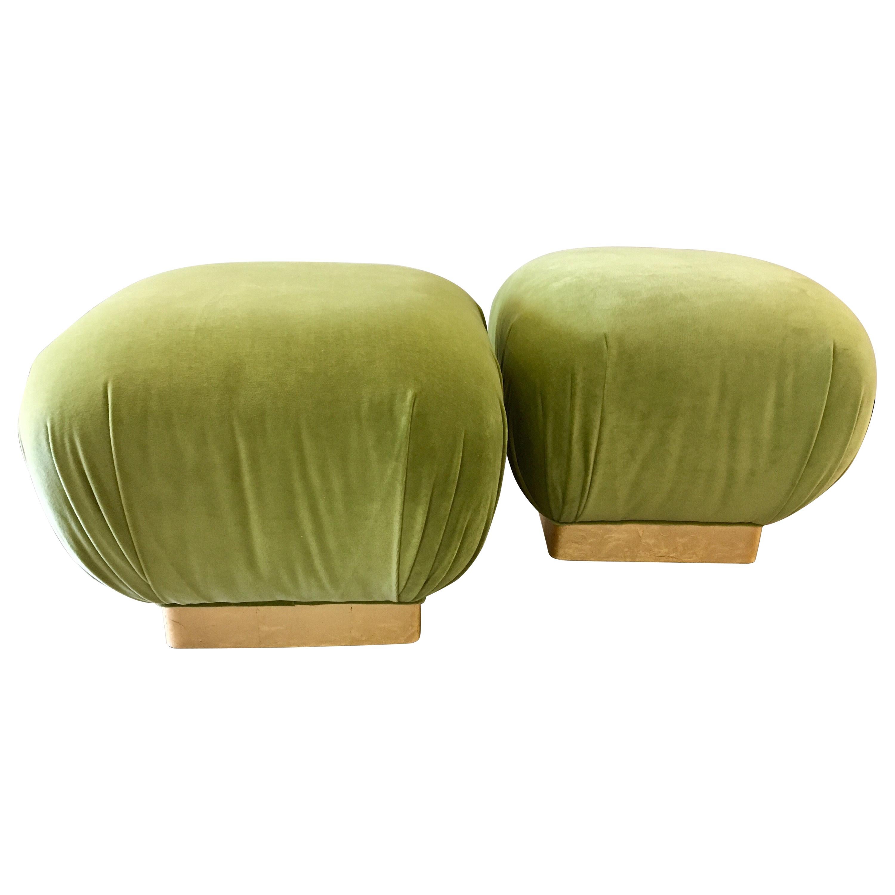 Pair of Matching Midcentury Poufs Stools Ottomans with Brass Band Base