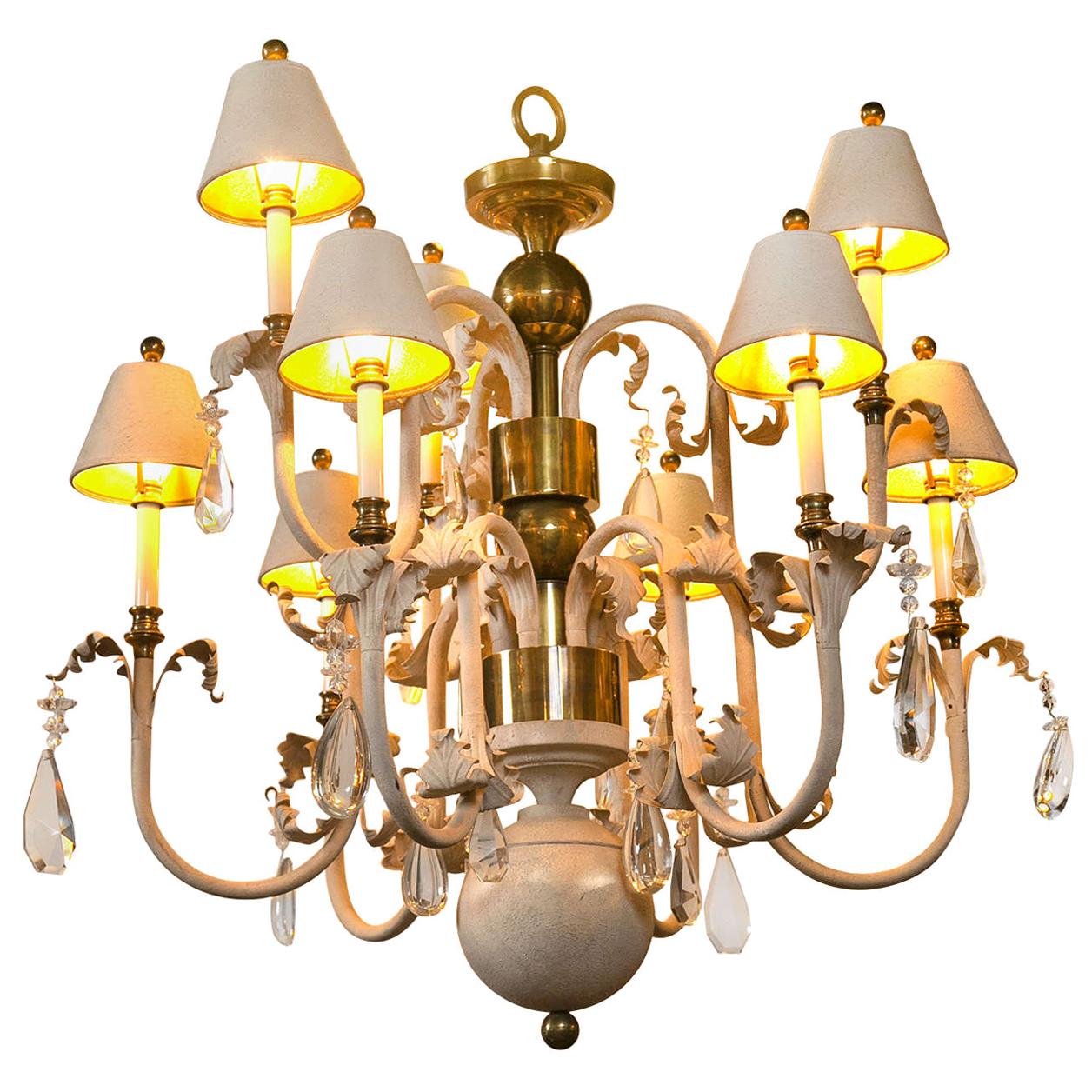 Hollywood Regency French Eight-Arm Gesso, Brass and Wood Chandelier For Sale