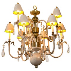 Hollywood Regency French Eight-Arm Gesso, Brass and Wood Chandelier