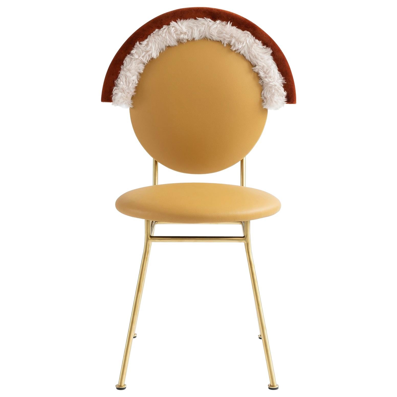 Contemporary Iris Chair with Leather, Velvet, Faux fur and Brass Finished Legs