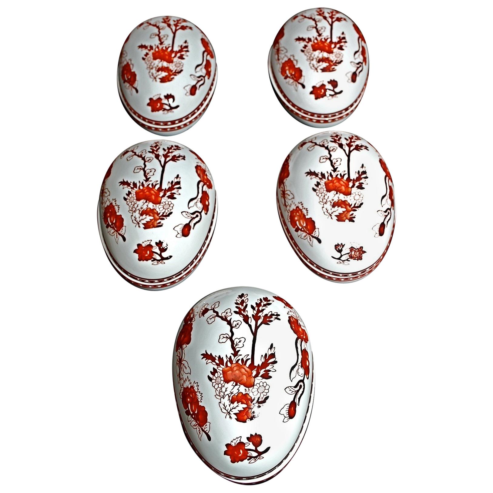 Sexy Set of Five Eggs Shape Dish by Coalport of England Indian Tree Coral Line For Sale