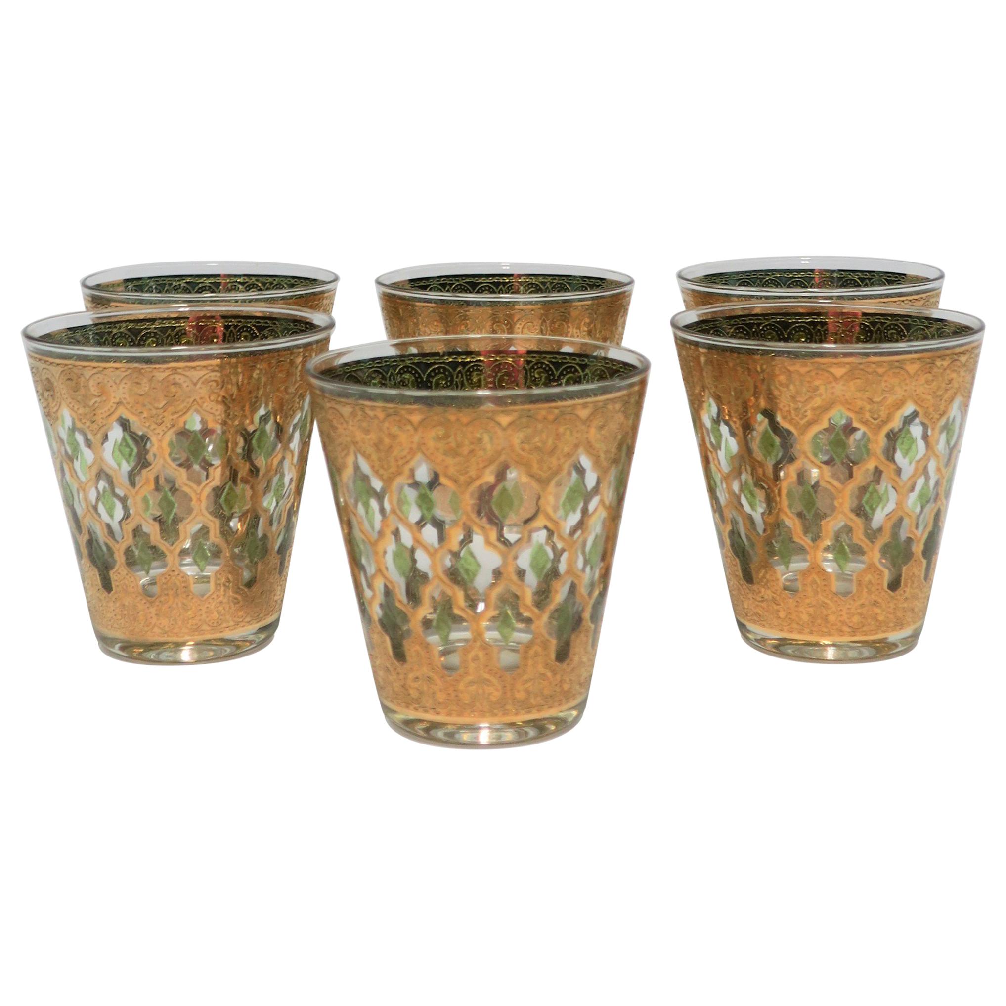 Set of 6 Vintage 22-Karat Gold Rocks Glasses with Moroccan Design