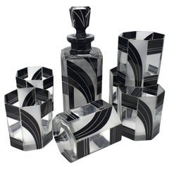 Vintage Art Deco Czech Black and Clear Glass Whisky Decanter Set