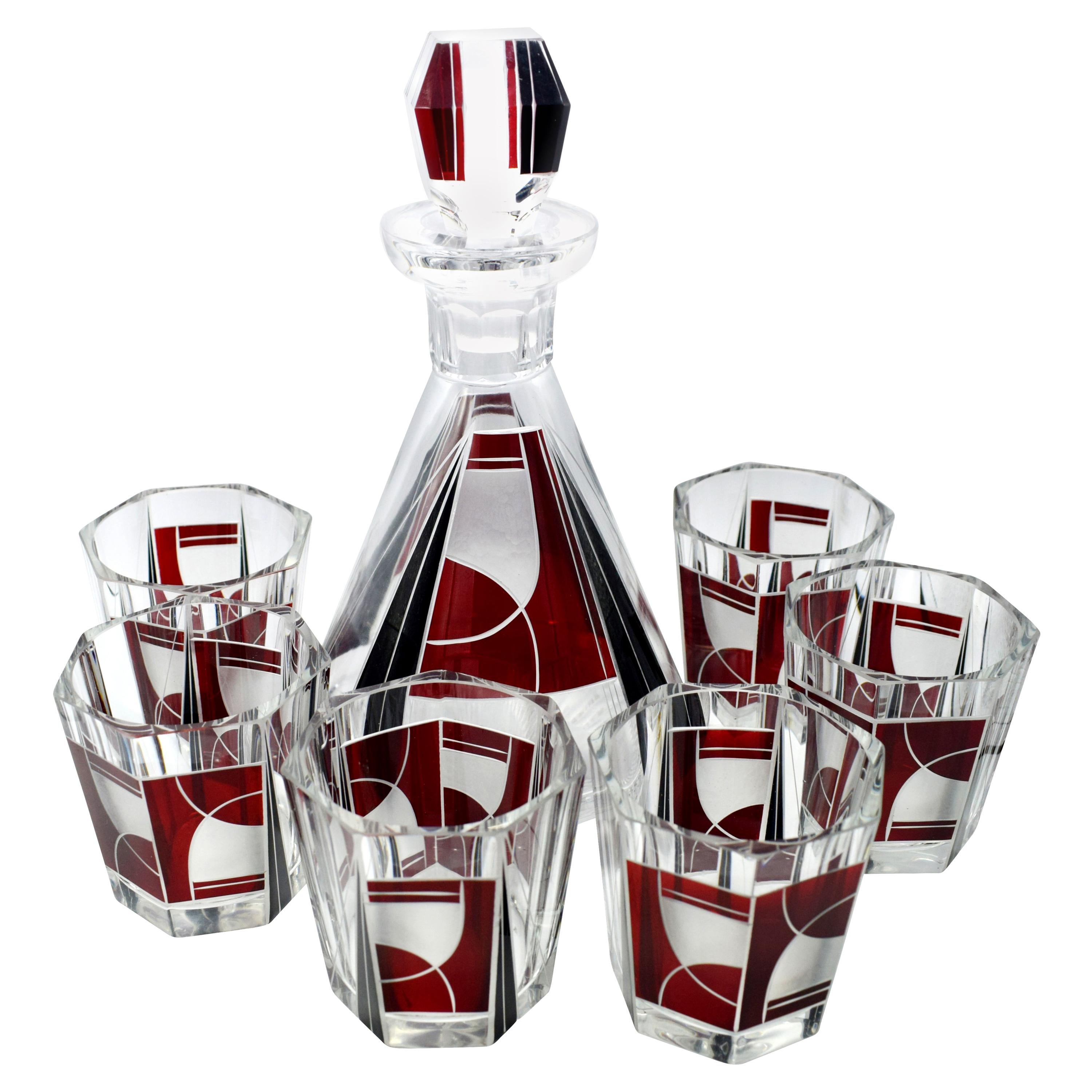 Art Deco 1930s Czech Geometric Glass Decanter Set