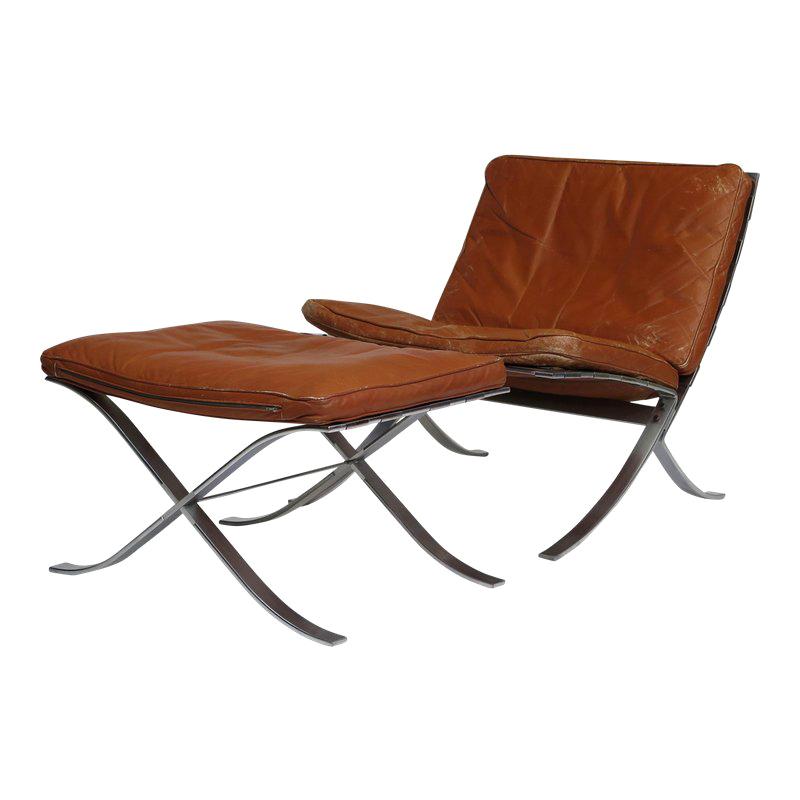 Steen Ostergaard Steel and Leather Lounge Chair and Foot Stool