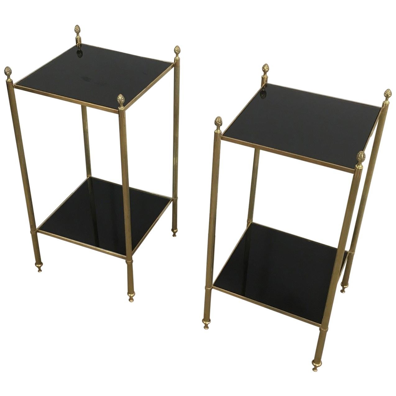 Maison Jansen, Pair of Brass Side Tables with Black Lacquered Glass Tops