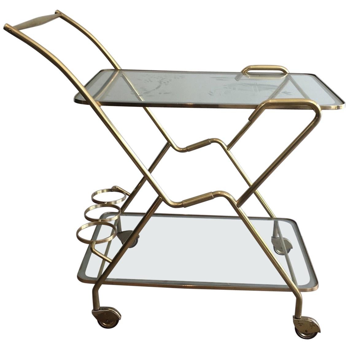 Interesting Italian Design Brass and Engraved Glass Drinks Trolley, circa 1950