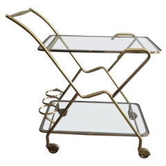Intéressant chariot à boissons en laiton et verre gravé, Circa Design Italien, circa 1950