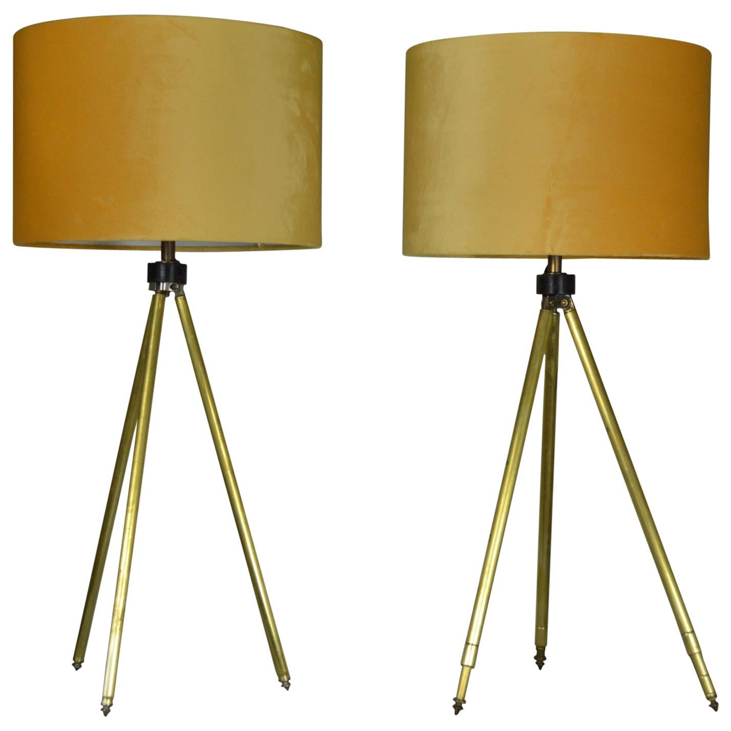 Near Pair of Midcentury Brass Telescopic Tripod Table Lamps