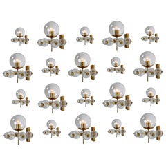 Large Set Midcentury Hotel Wall Chandeliers with Brass Fixture, European, 1970s