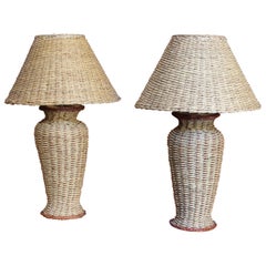 Italian Mid-Century Modern Vintage Woven Rattan Table Lamp with Cane Shades