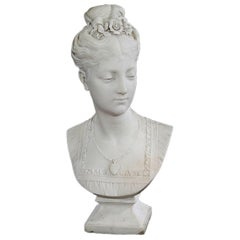 Antique Mid-19th Century White Marble Bust of a Young Woman. Signed R. Bulens