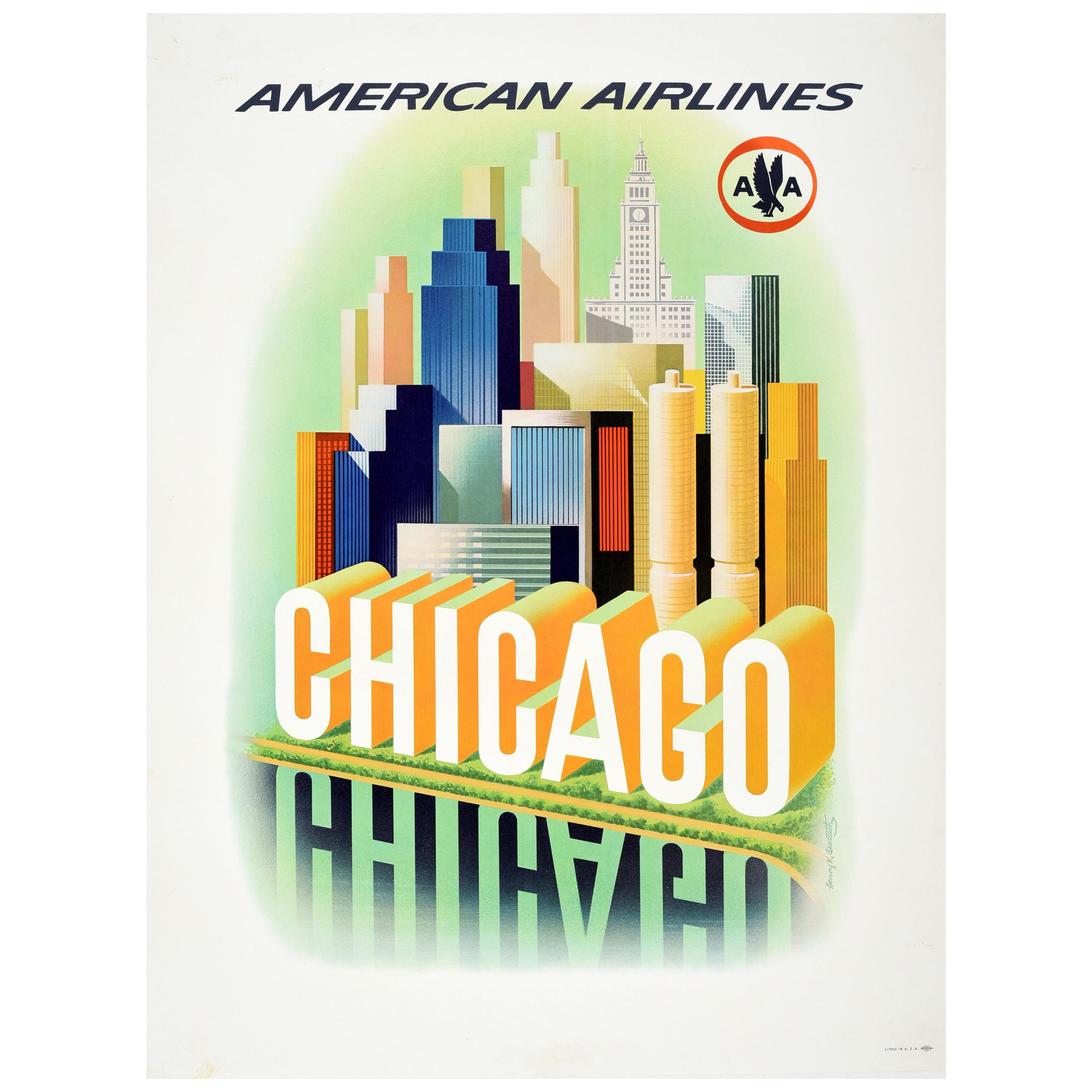 Original Vintage Travel Poster American Airlines Chicago City Skyline AA Eagle