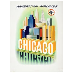 Original Retro Travel Poster American Airlines Chicago City Skyline AA Eagle