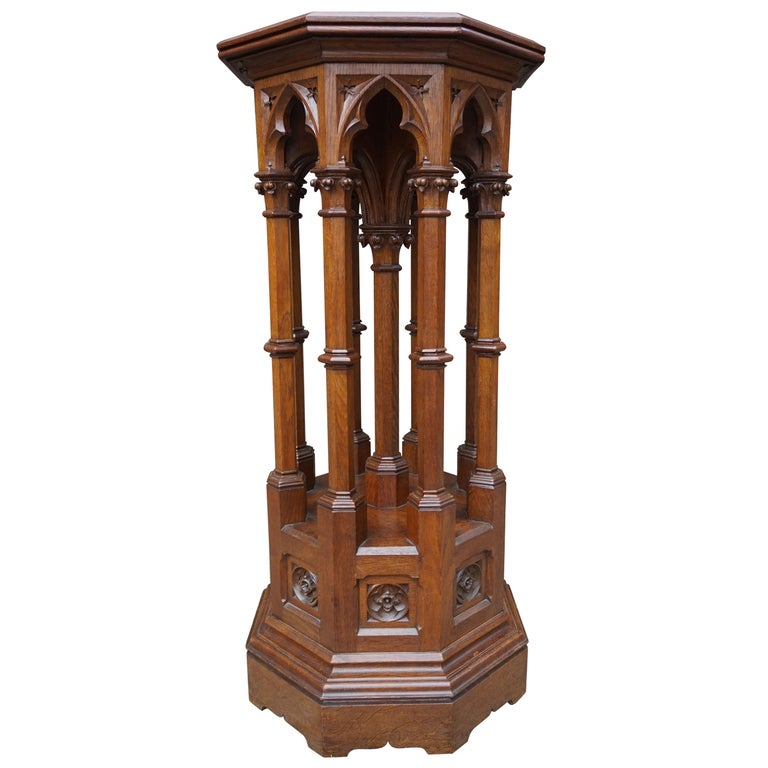 Antique and Monumental Handcarved Oak Gothic Revival Church Columns Pedestal Stand at 1stDibs