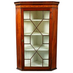 Antique 18th Century Georgian Inlaid Mahogany Glazed Wall Hanging Corner Cabinet