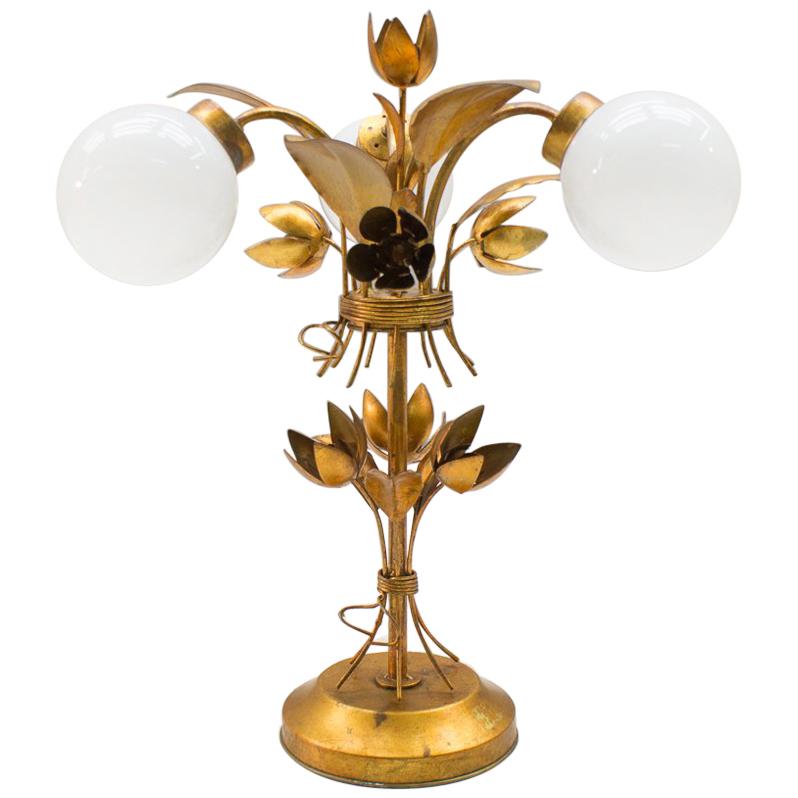 Three-Light Gold Leaf Table Lamp from Hans Kögl, 1970s, Germany