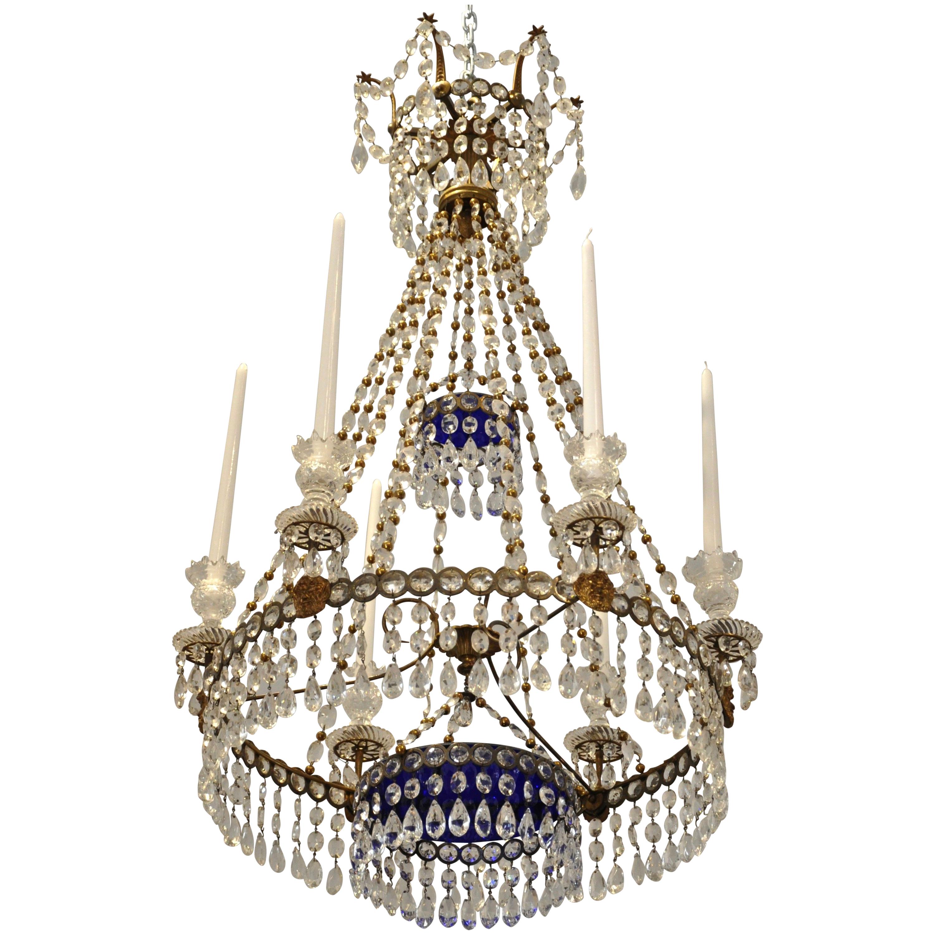 19th Century Baltic Neoclassical Chandelier with Cobalt Blue Glass Plates