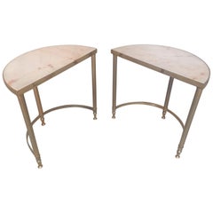 20th Century French Gilded Brass and Marble Pair of Demilune Tables, 1950s