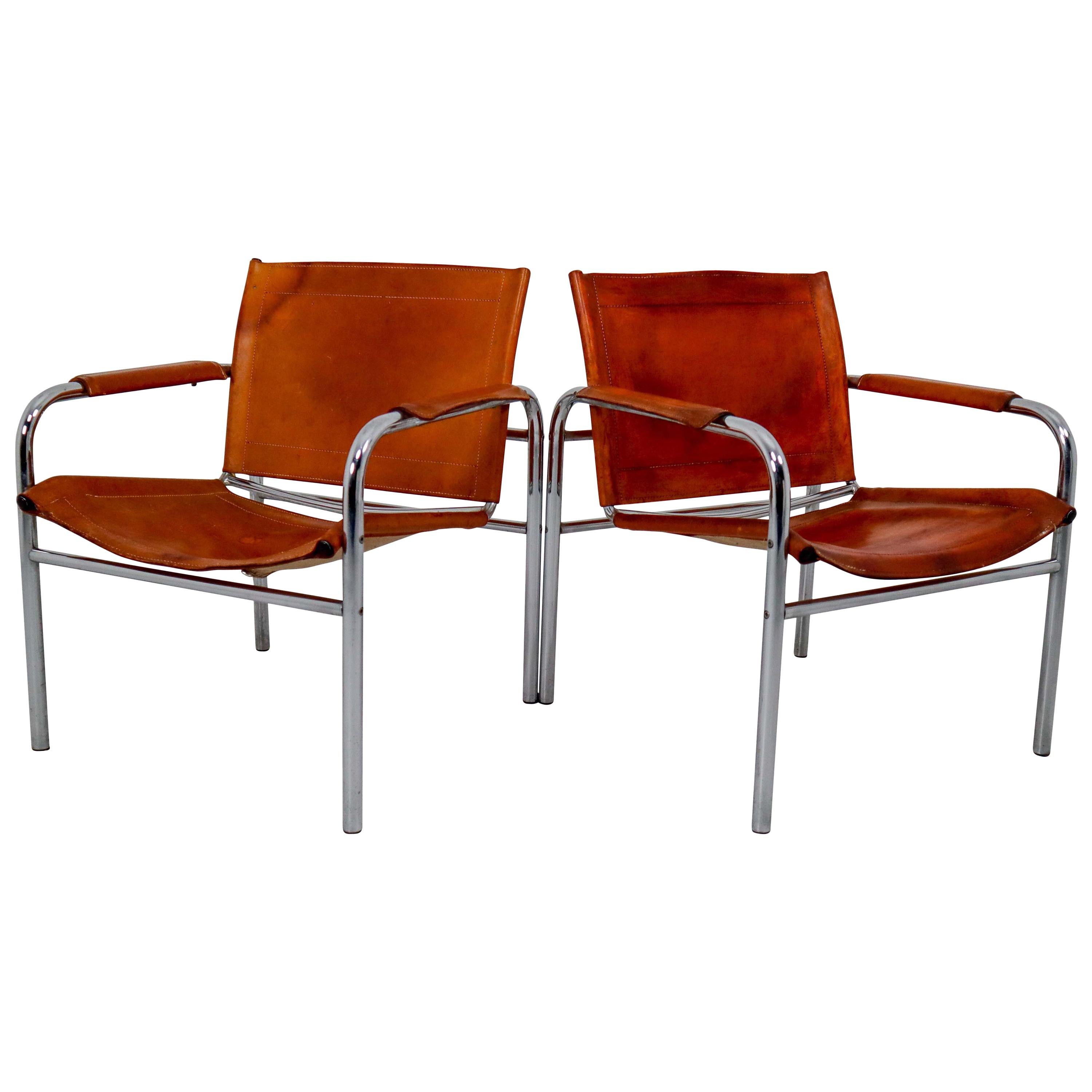 Two Midcentury Tubular Armchairs in Patinated Cognac Leather, France, 1960s