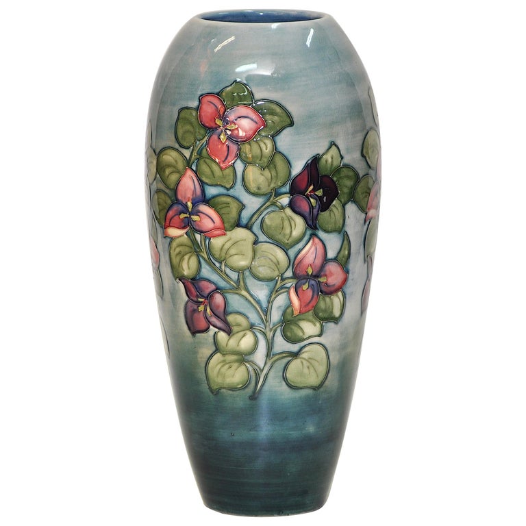 Large Moorcroft Vase Pot Blue Green Flowers English Art Pottery Bougainvillaea For Sale at 1stDibs