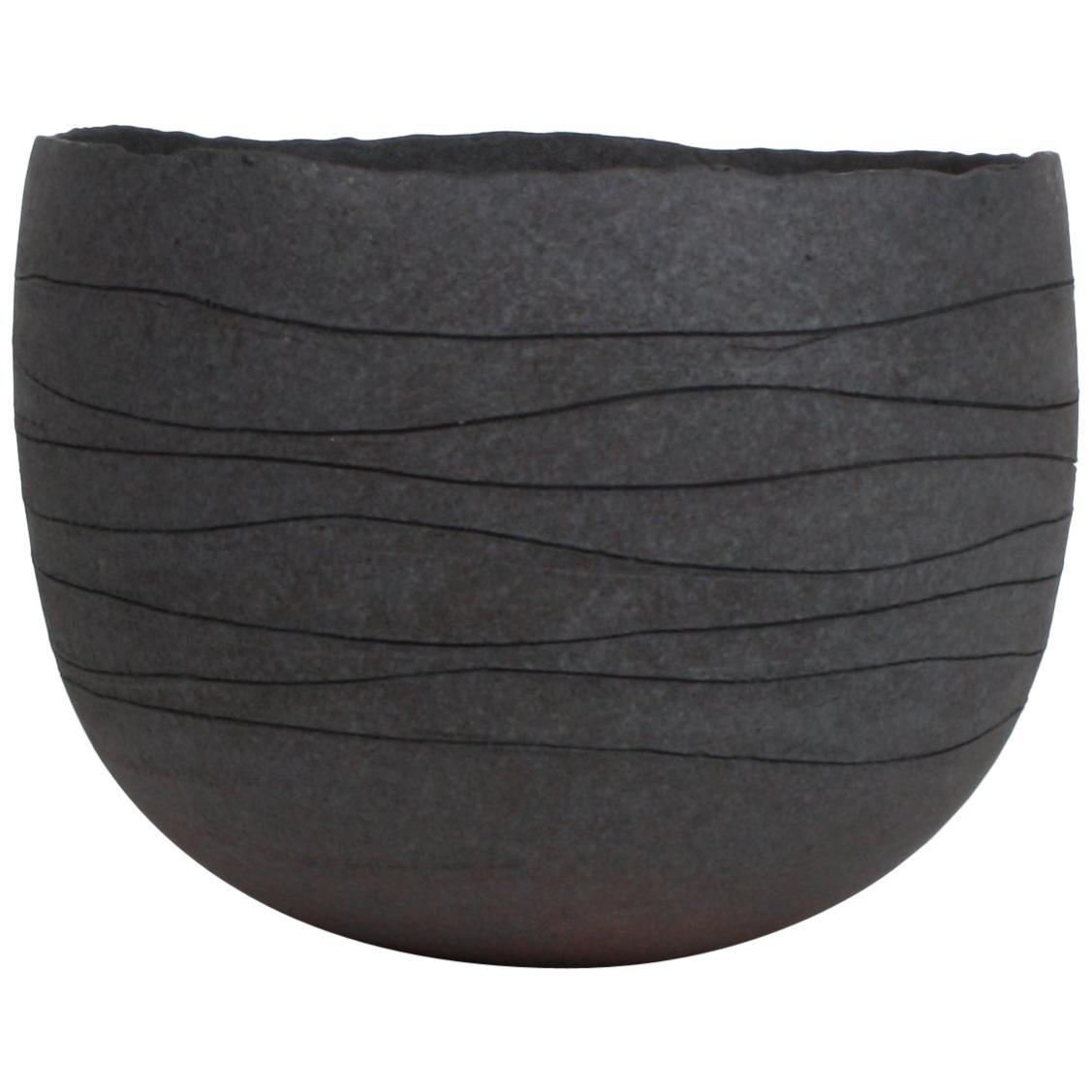 Contemporary Gray Stoneware Bowl, Hand Engraved by Artist Patricia Vieljeux