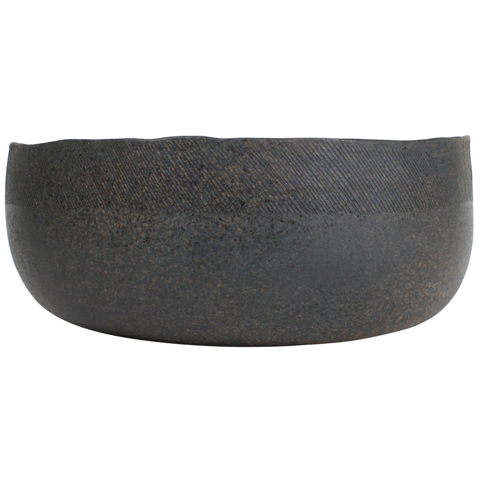 Large Contemporary Gray Stoneware Bowl, Engraved by Artist Patricia Vieljeux