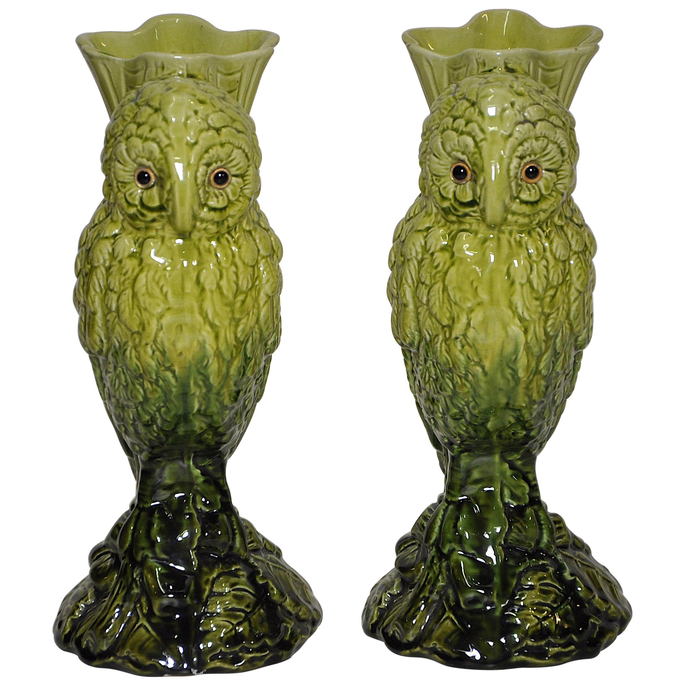 Pair of Victorian Pottery Vases English European circa 1900 Rare Ceramic Green For Sale