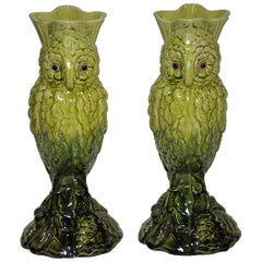 Antique Pair of Victorian Pottery Vases English European circa 1900 Rare Ceramic Green