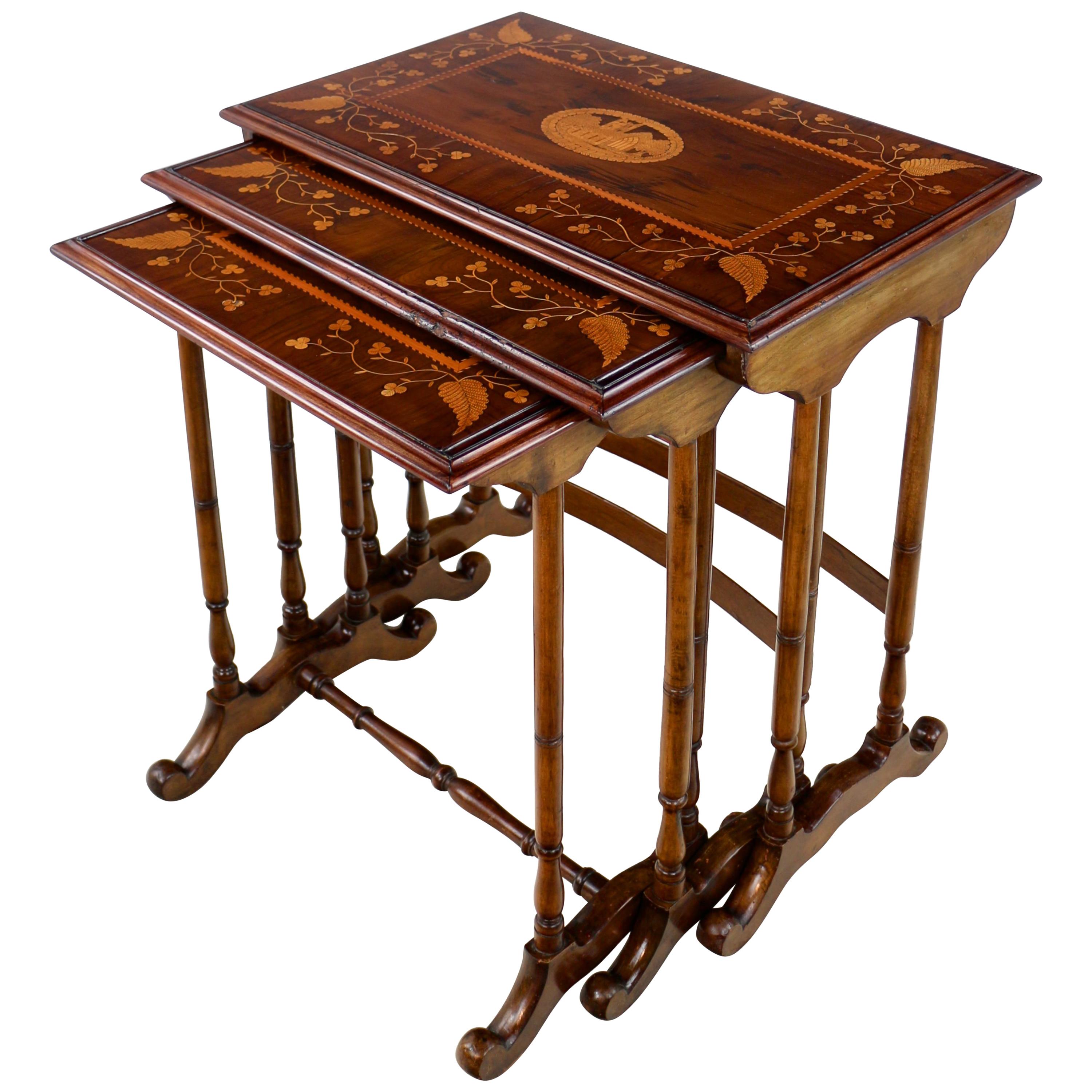 Rare Antique Victorian Irish Killarney Ware Nest of Marquetry Tables For Sale