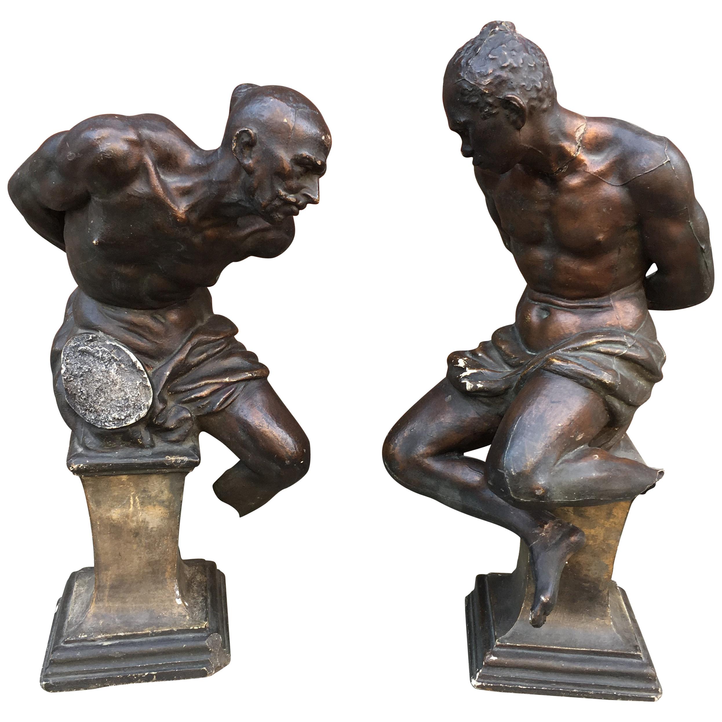 Pair of Plaster Slaves with Bronze Patina, Many Losses and Flaws For Sale