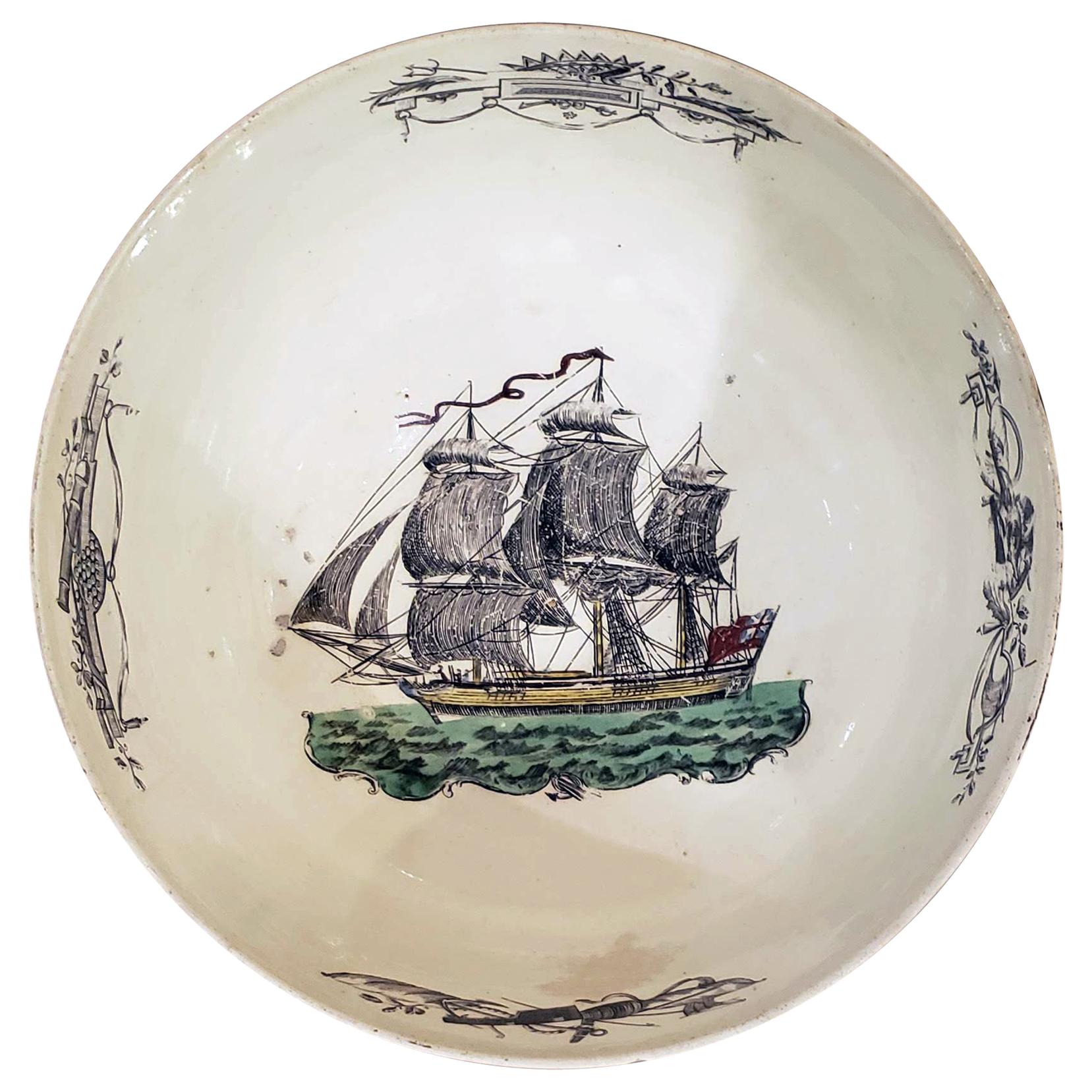 English Pottery Creamware Bowl with Design of Ship, circa 1785-1800