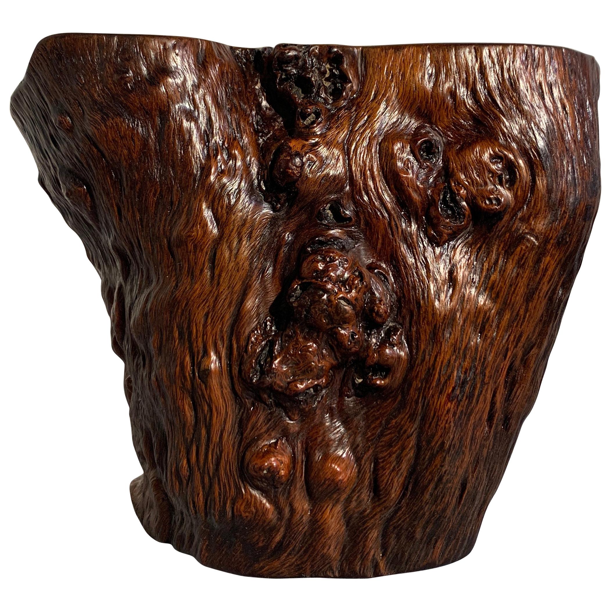 Chinese Zhazhen Hardwood Burl Brushpot, Republic Period, Early 20th Century