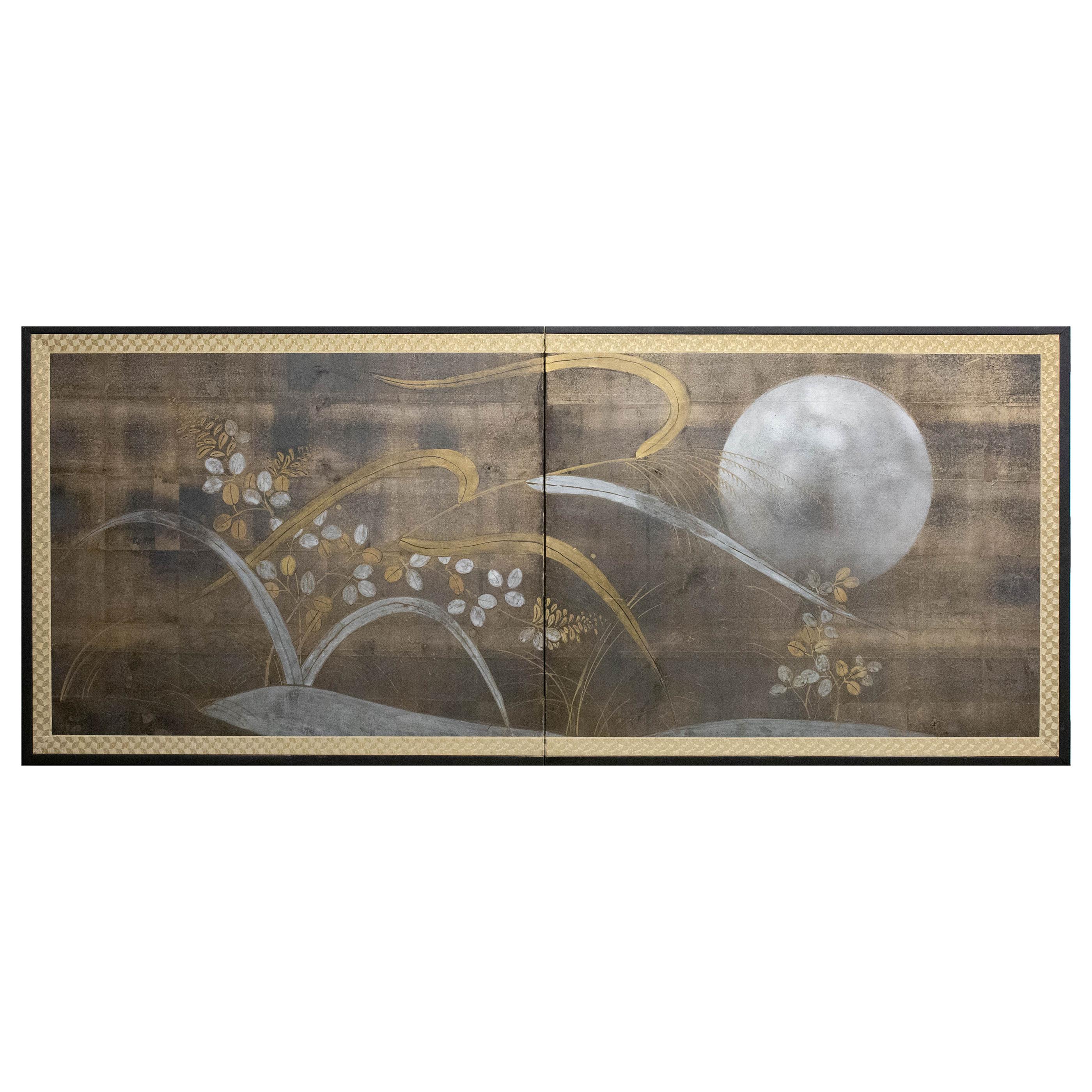 Paravent japonais à deux panneaux, fleur d'automne et lune sur argent