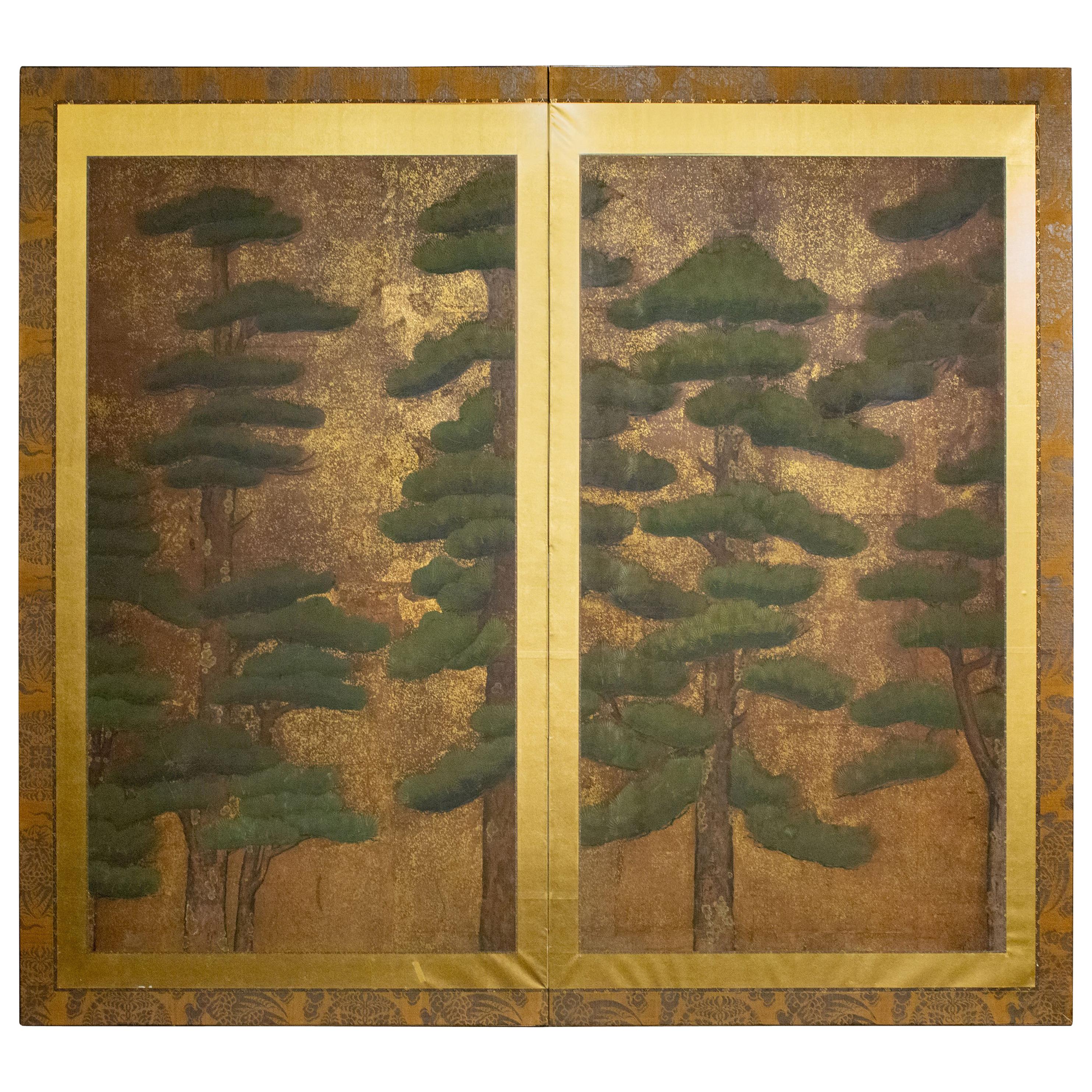 Japanese 17th Century Two Panel Screen, Pine with Gold Dust For Sale