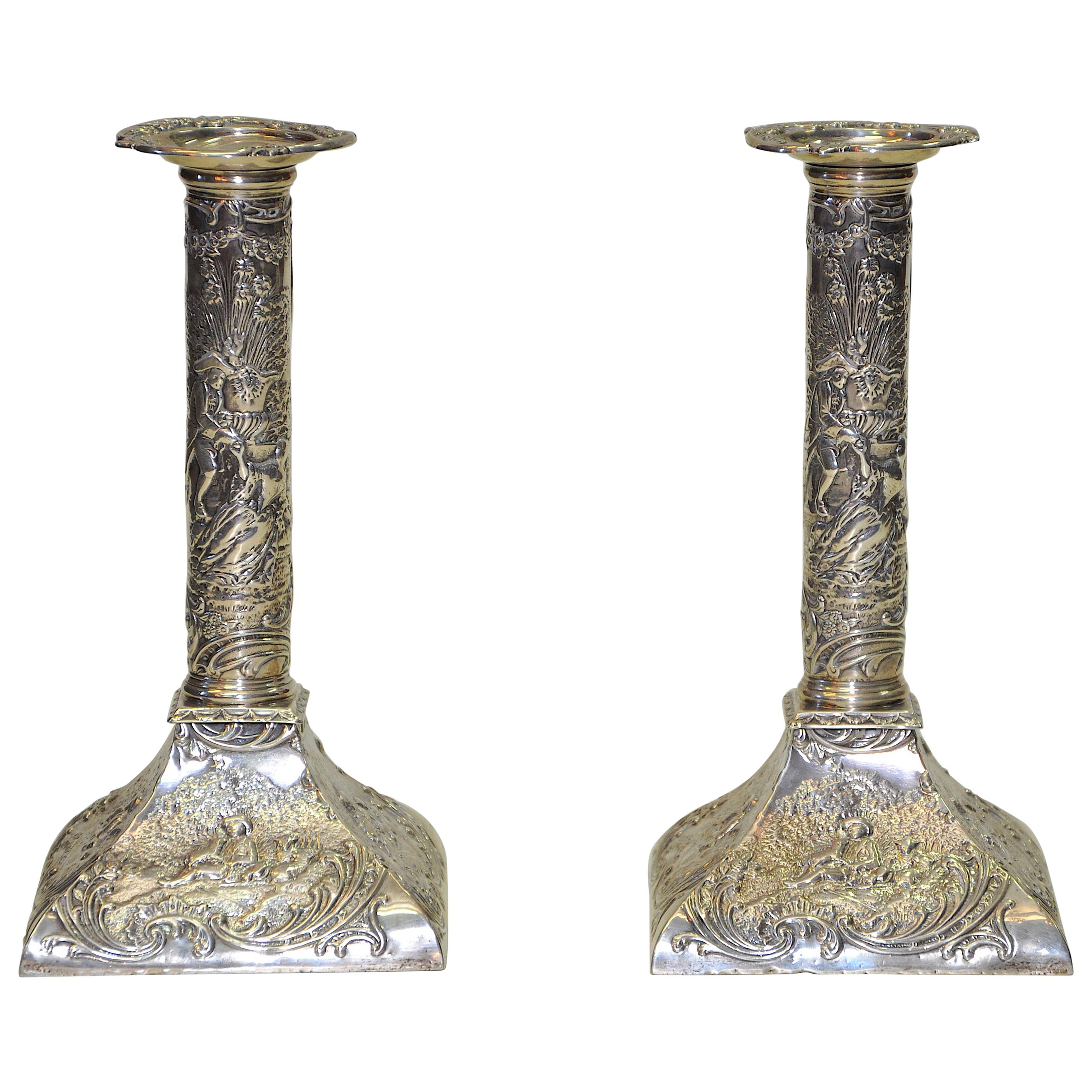 Pair of Art Nouveau Silver Victorian Candlesticks with Pretty Picture For Sale