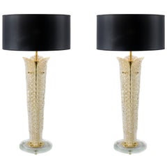 Pair of Italian Table Lamps with Leaf Form Murano Glass