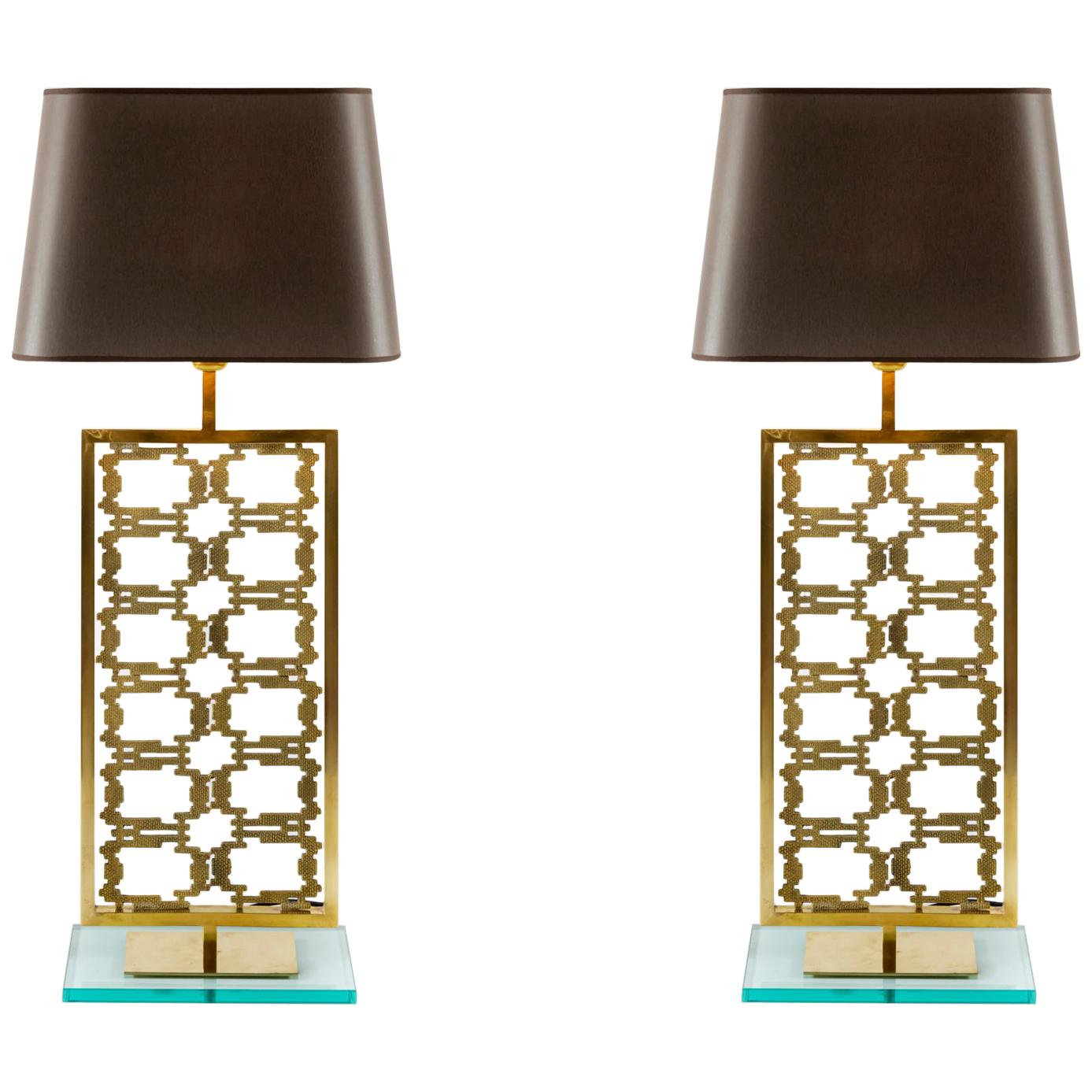 Pair of Contemporary Italian Table Lamps in Brass and Solid Glass