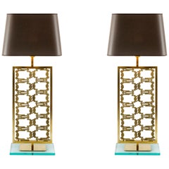 Pair of Contemporary Italian Table Lamps in Brass and Solid Glass